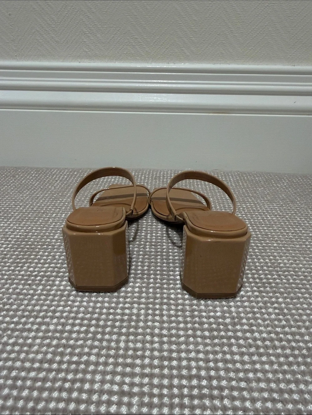 BY FAR Tan Patent Two-Strap Square-Toe Heeled Sandals